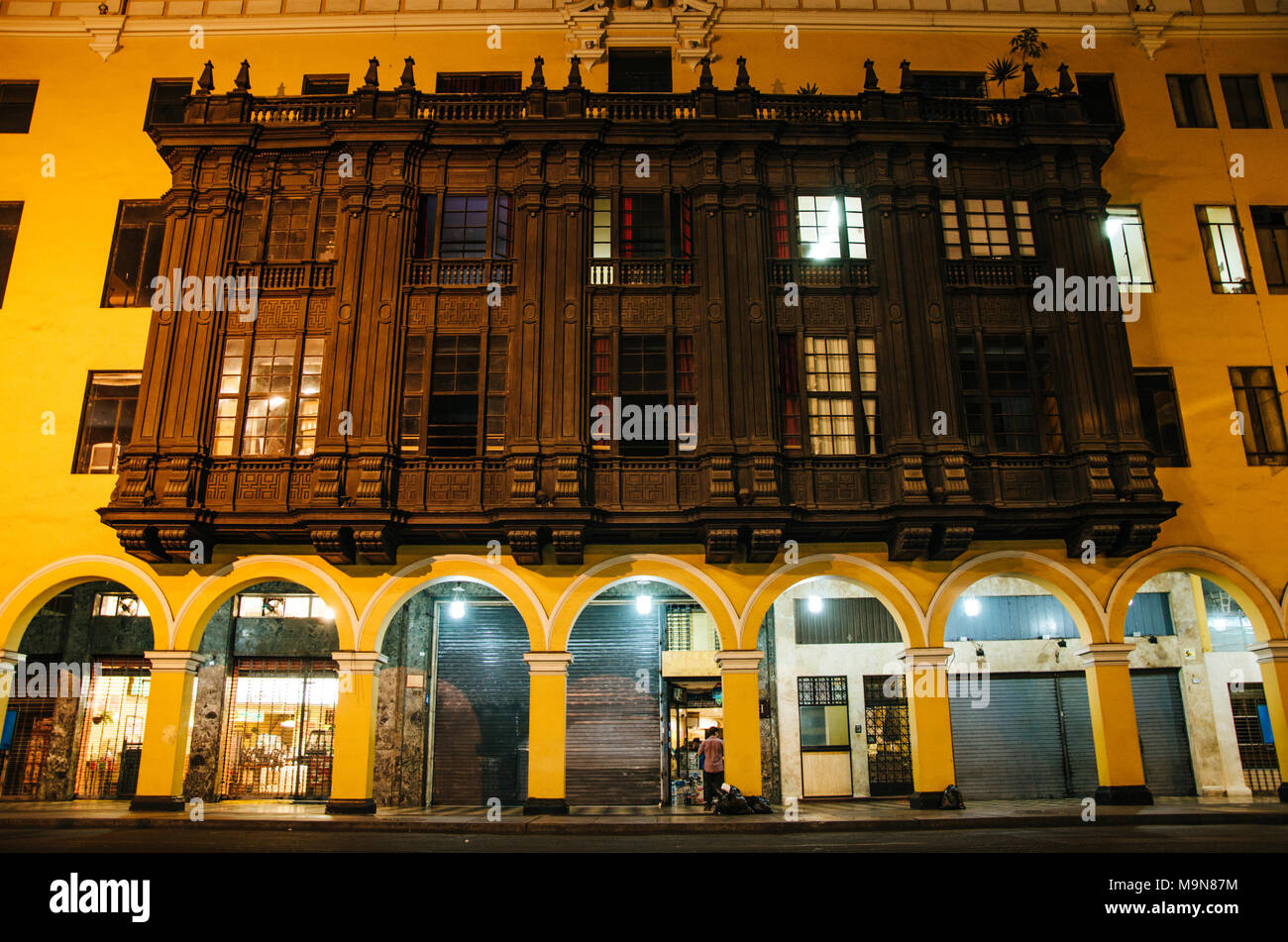 Balconies of the historic center of downtown Lima - Peru Stock Photo