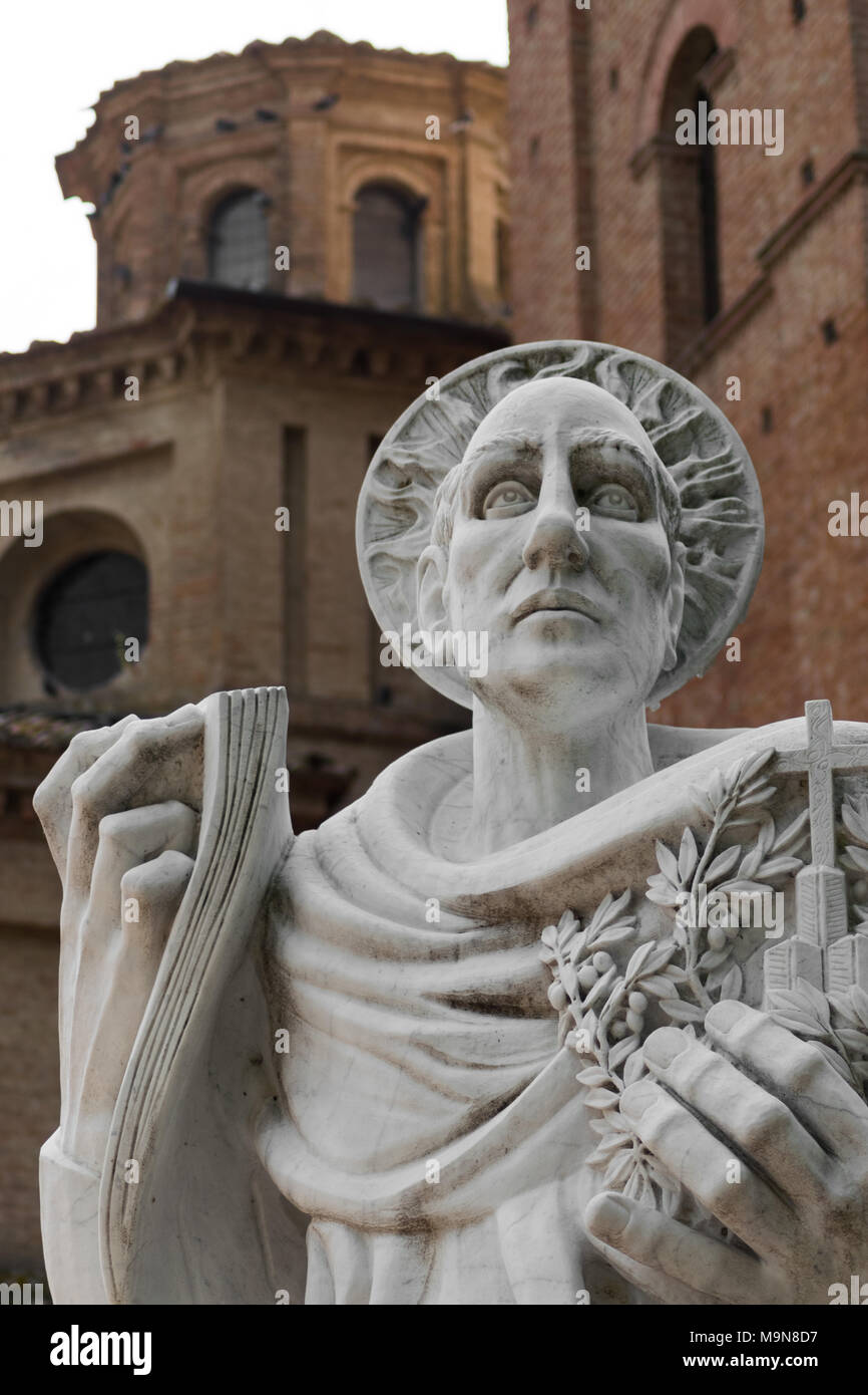 Saint Bernardo Tolomei statue in Romanesque Abbazia territoriale di Monte Oliveto Maggiore in Tuscany, Italy Stock Photo