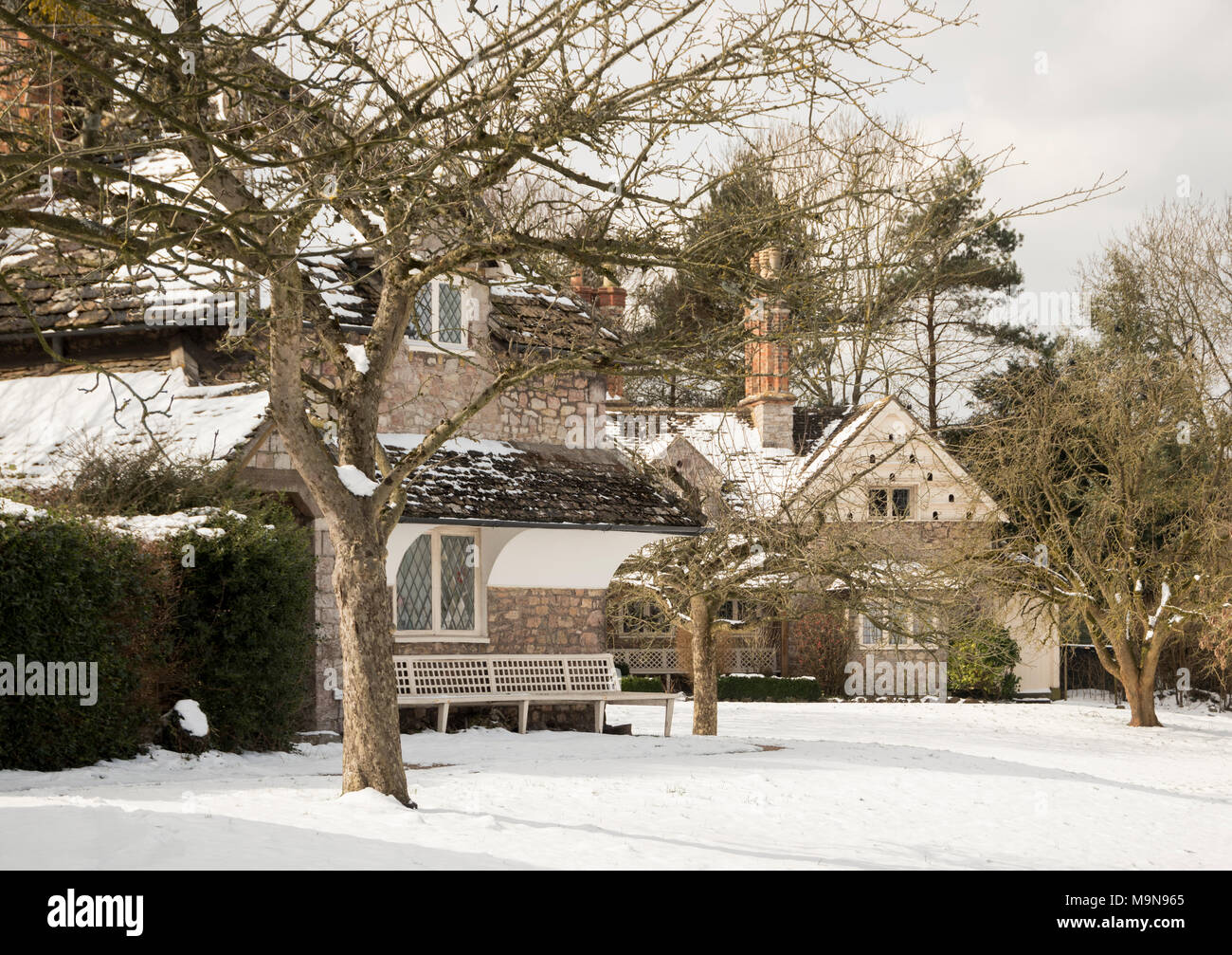 Snow covered cottages at Blaise Hamlet near Henbury, north Bristol Stock Photo