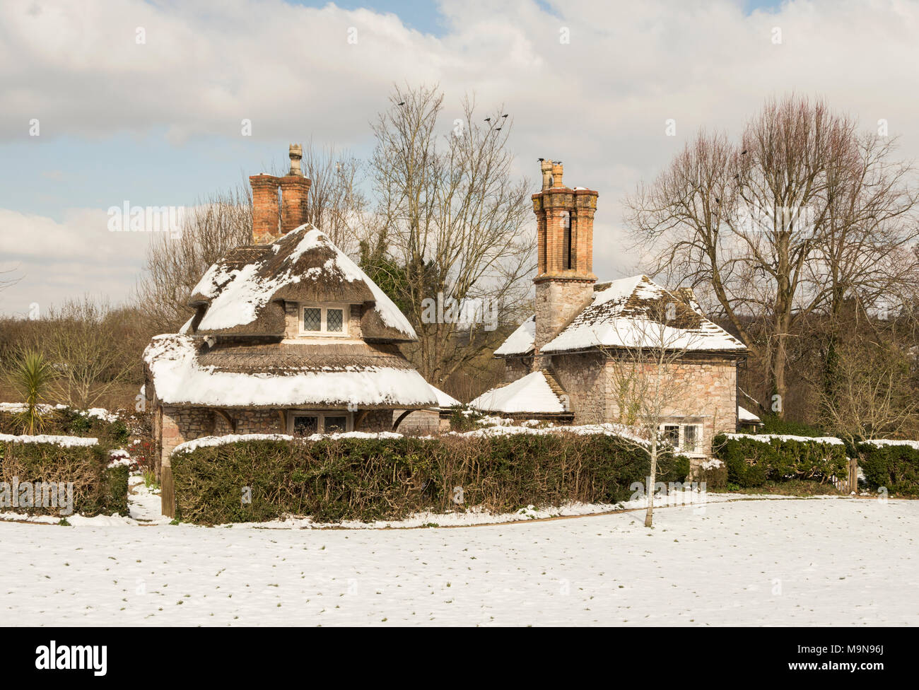 Snow covered cottages at Blaise Hamlet near Henbury, north Bristol Stock Photo