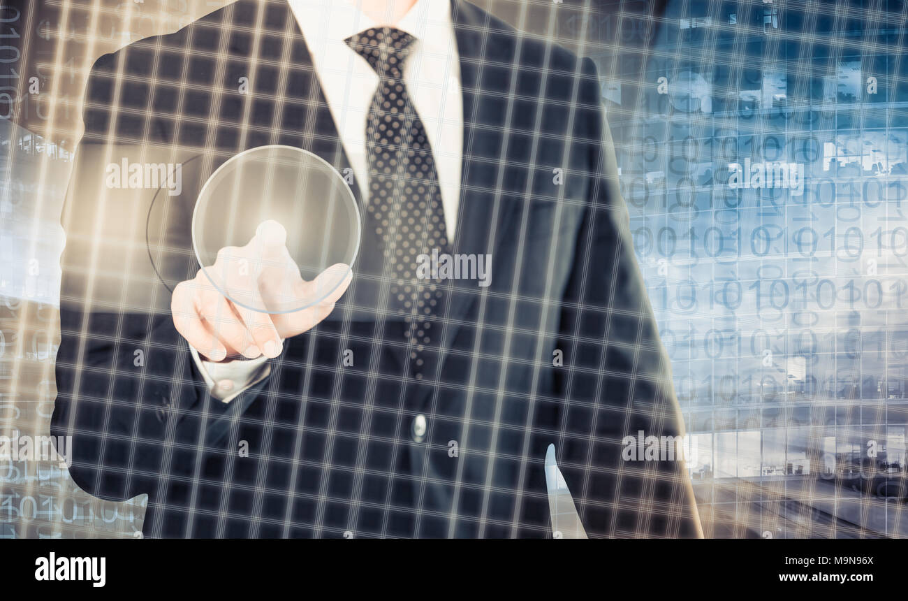 Businessman pressing button on touchscreen interface on background with binary code Stock Photo