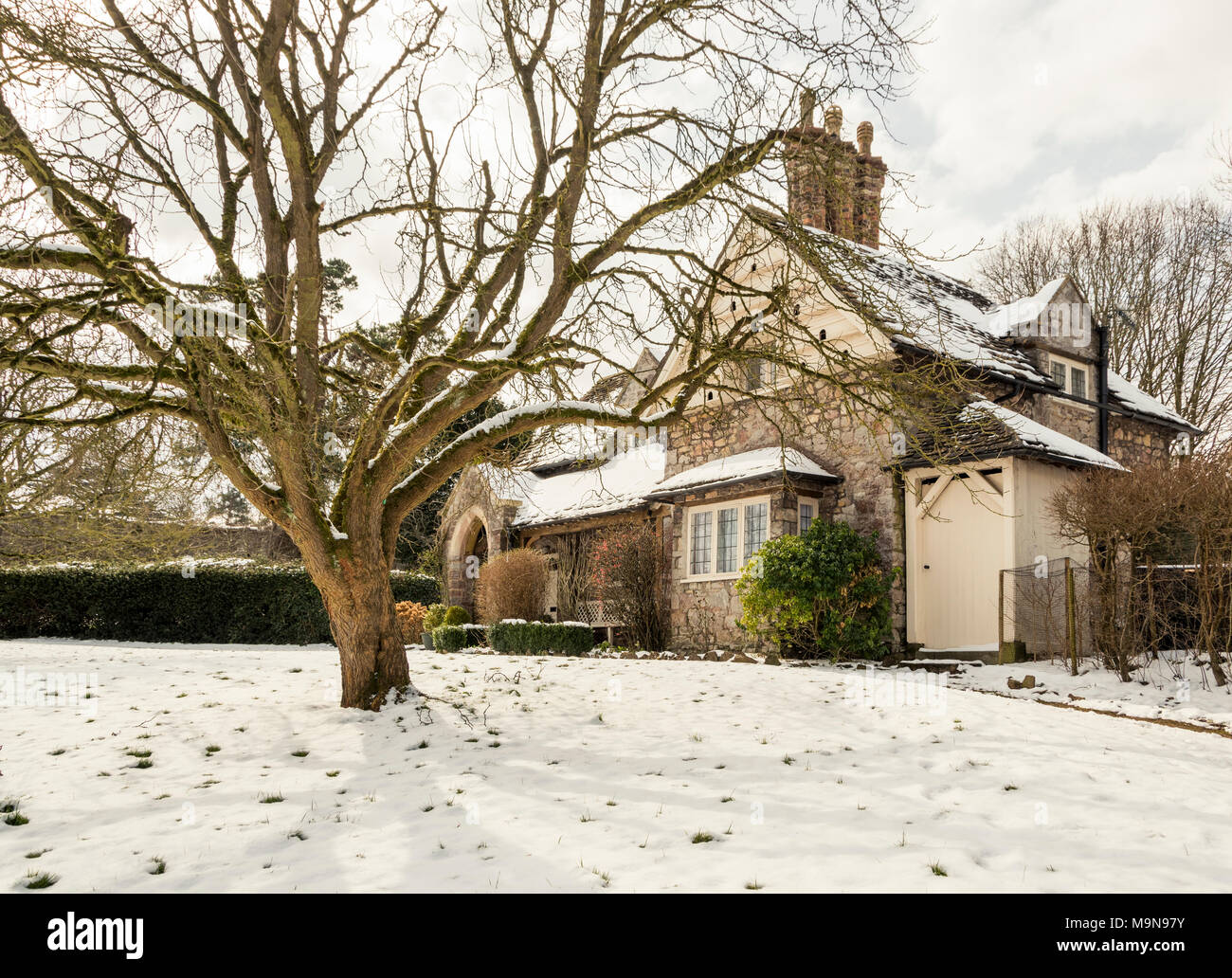 Snow covered cottages at Blaise Hamlet near Henbury, north Bristol Stock Photo