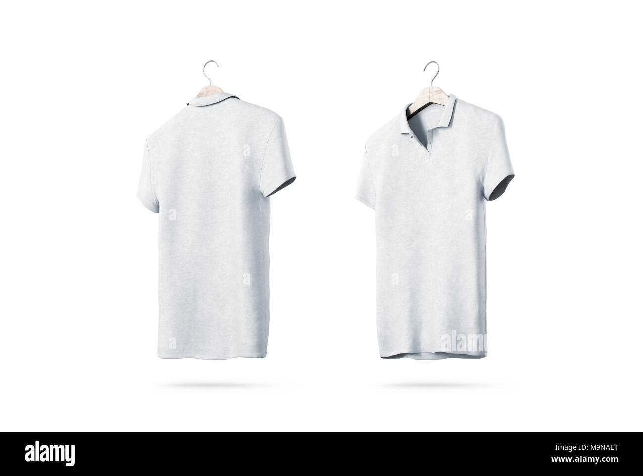 Blank white polo shirt with hanger mockup isolated, front and back side view, 3d rendering. Empty t-shirt uniform mock up. Plain clothing design templ Stock Photo