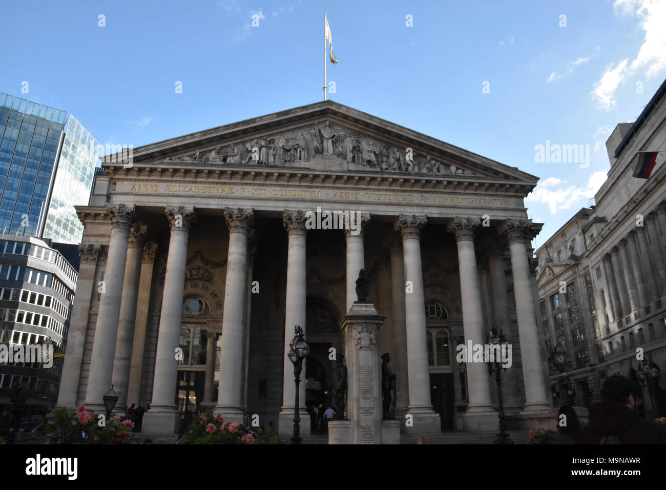 Front Facade of the Royal Exchange in the City of London. The current building was opened on October 28th, 1844. Stock Photo