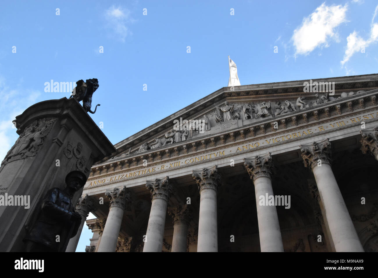 Front Facade of the Royal Exchange in the City of London. The current building was opened on October 28th, 1844. Stock Photo
