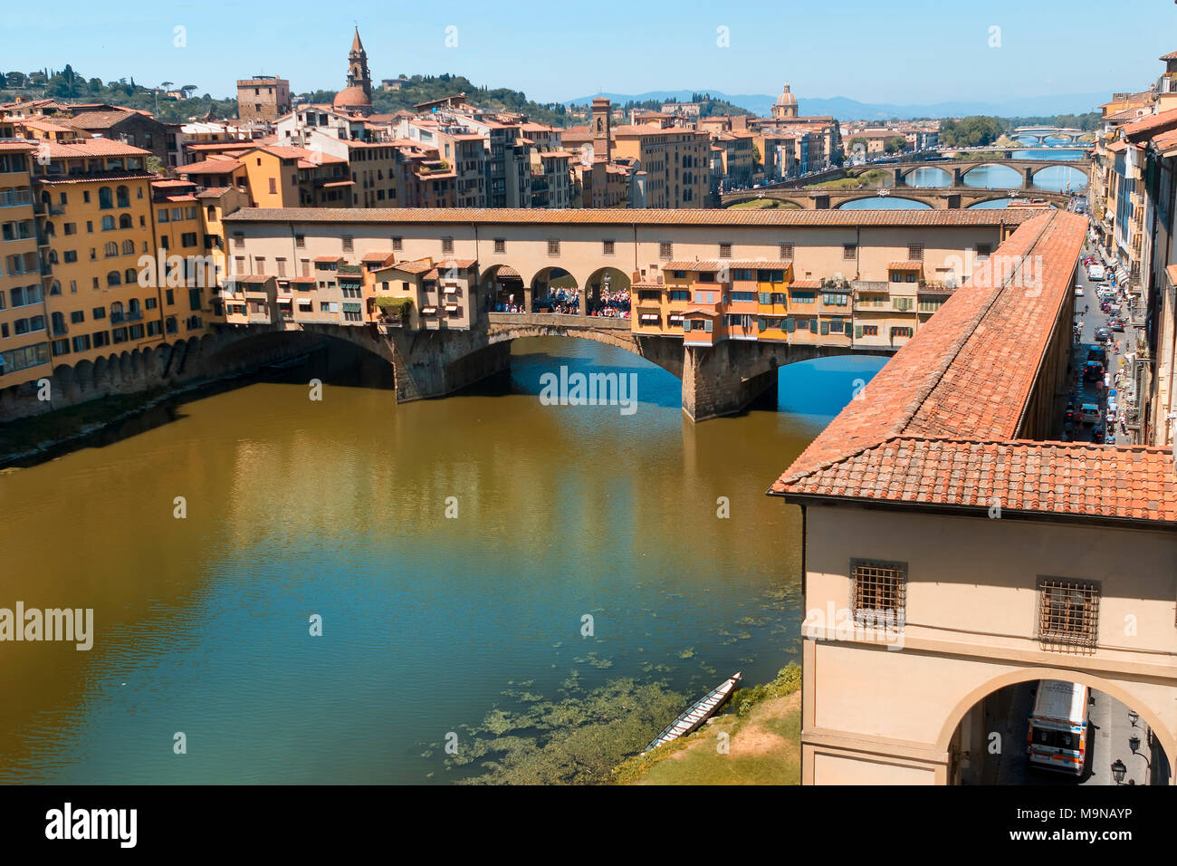 Ponte Vecchio in Florence spanning the river Arno linking Via Por Santa Maria with Via Guicciardini accomodates goldsmith shops and a central square Stock Photo