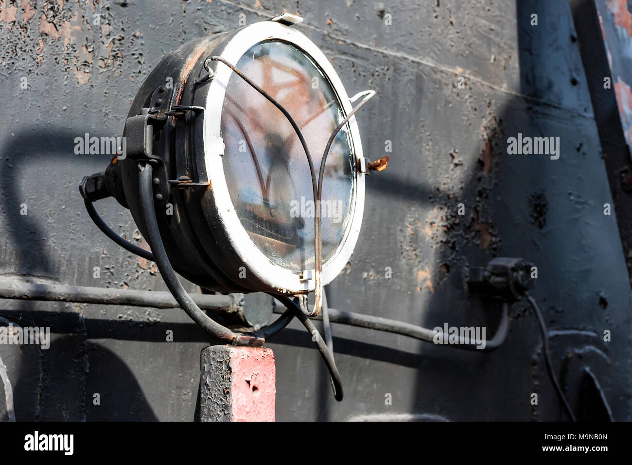 Vintage headlight of old train close Stock Photo