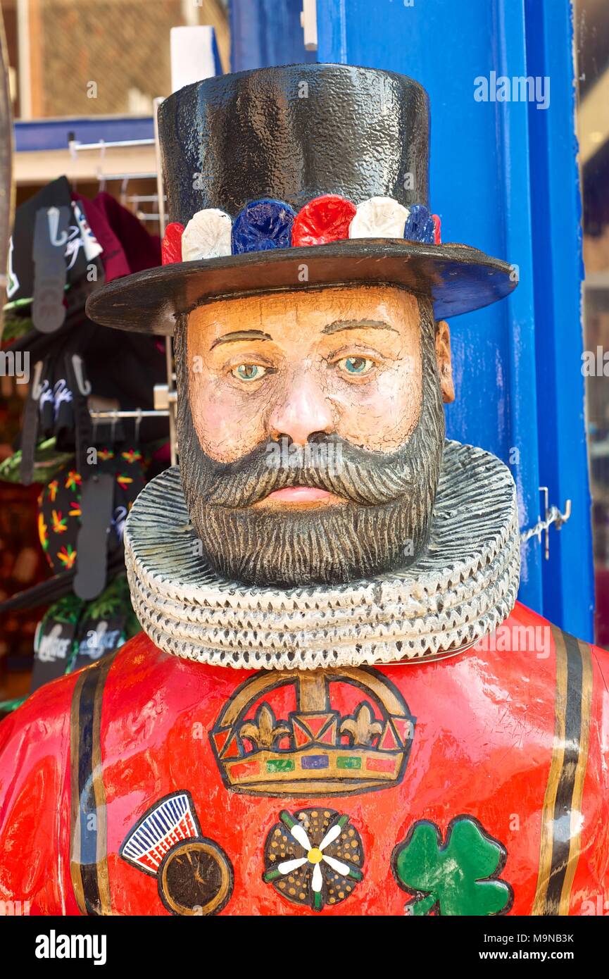 Beefeater mannequin based on Tower of London guards, with whiskers ruff and red jacket Margate England Stock Photo