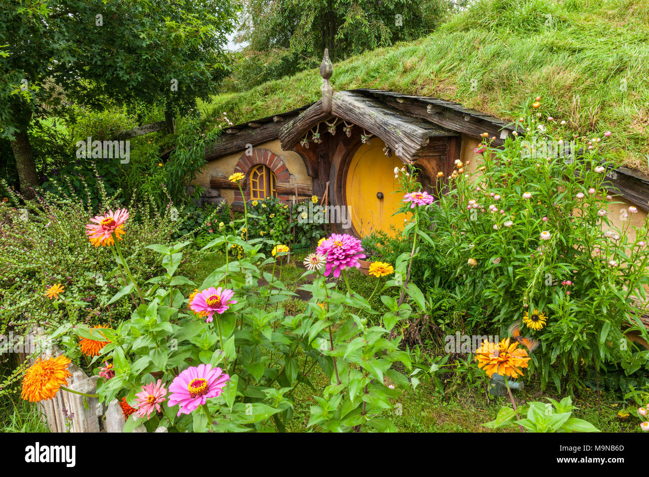 New Zealand Hobbiton New Zealand Matamata Hobbiton film set fictional village of Hobbiton in the shire from the Hobbit and Lord of the rings books Stock Photo