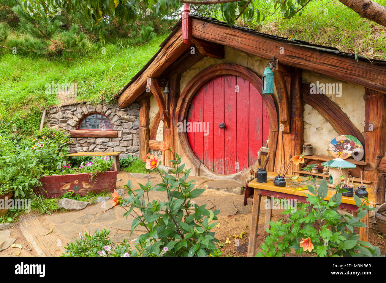 New Zealand Hobbiton New Zealand Matamata Hobbiton film set fictional village of Hobbiton in the shire from the Hobbit and Lord of the rings books Stock Photo