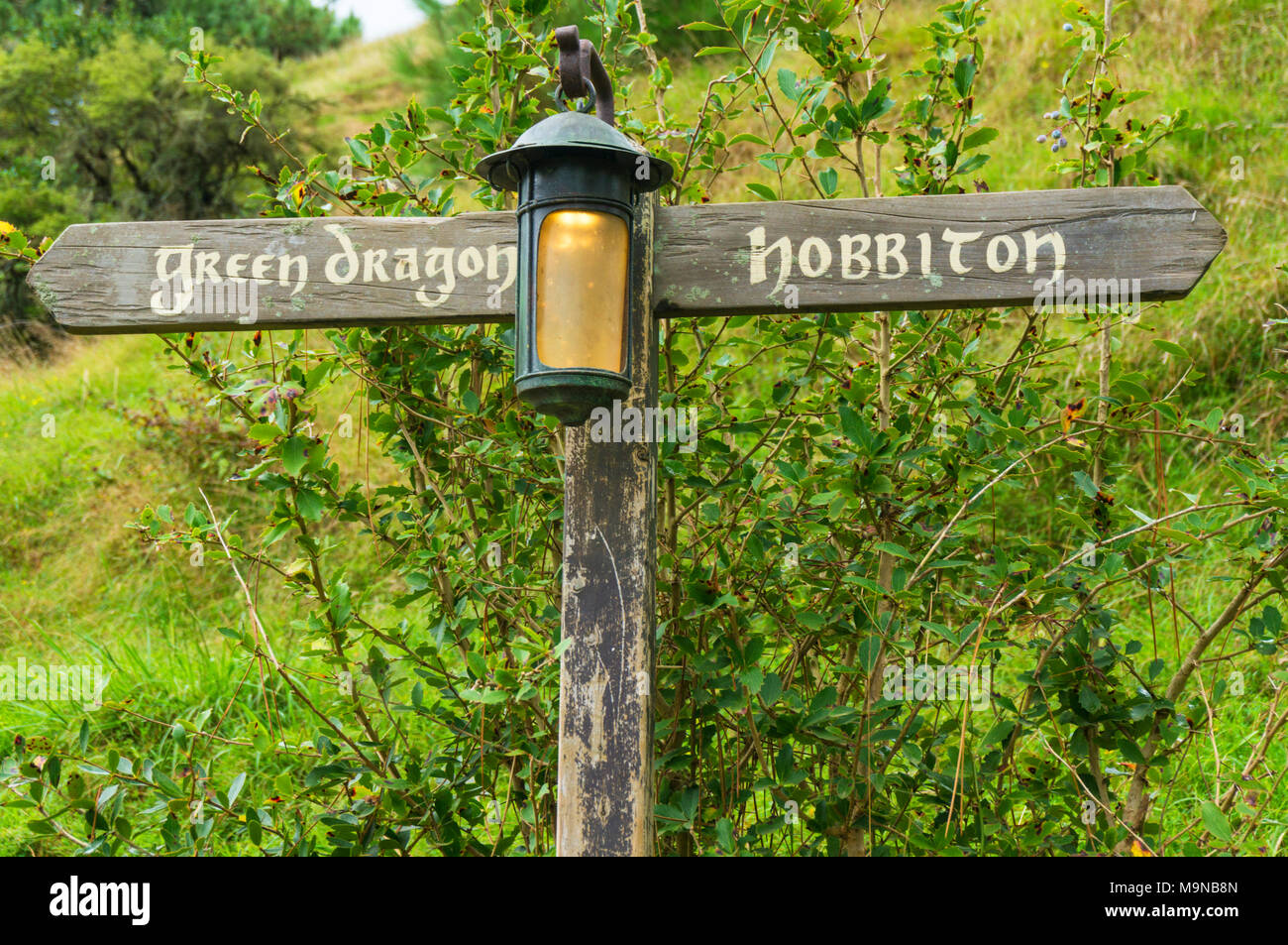 New Zealand Hobbiton New Zealand Matamata Hobbiton film set fictional village of Hobbiton in the shire from the Hobbit and Lord of the rings bookssign Stock Photo