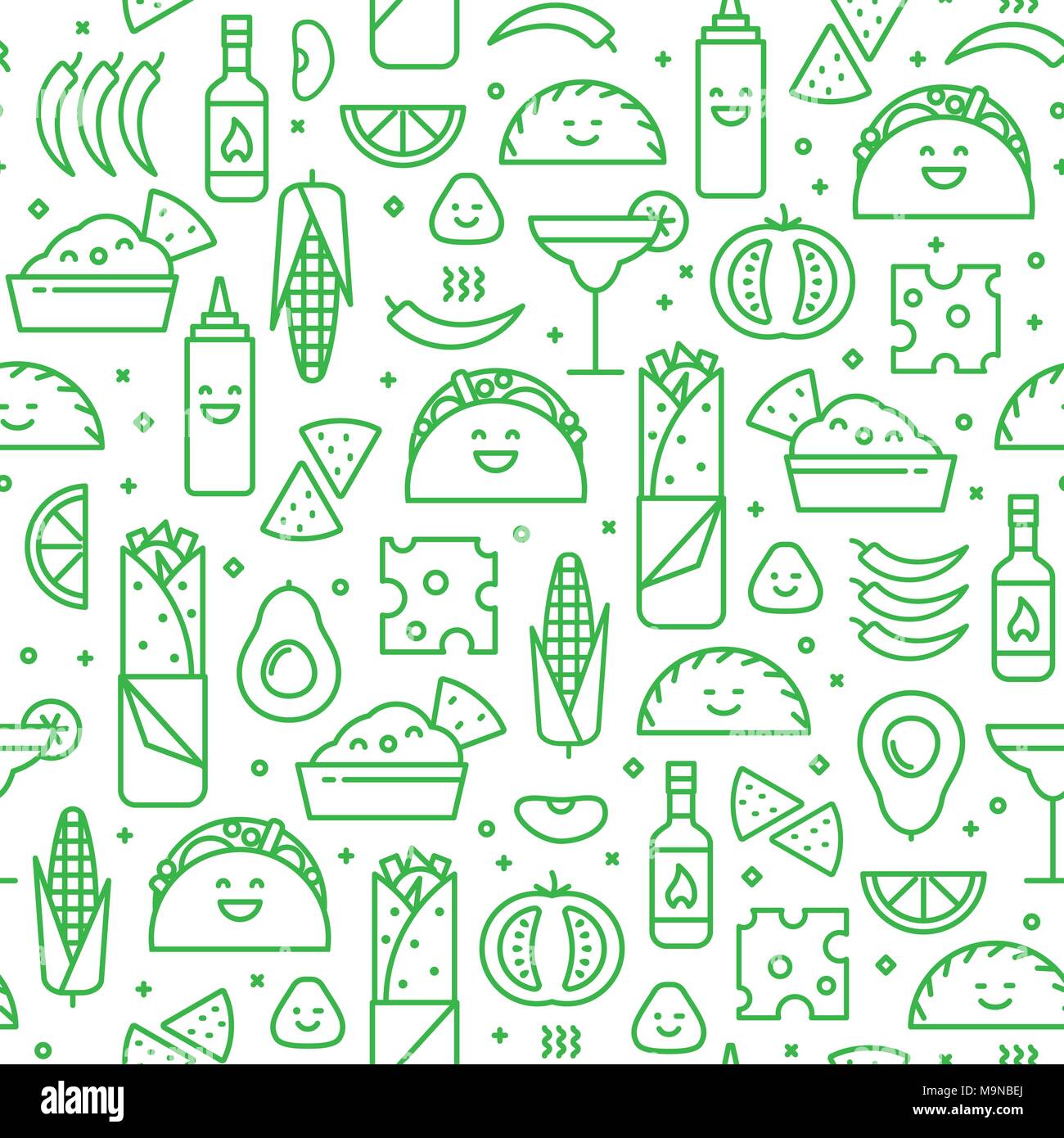 Vector seamless pattern of Mexican cuisine. Traditional food and drink line icons like taco, nacho and burrito. Fun modern style background. Stock Vector
