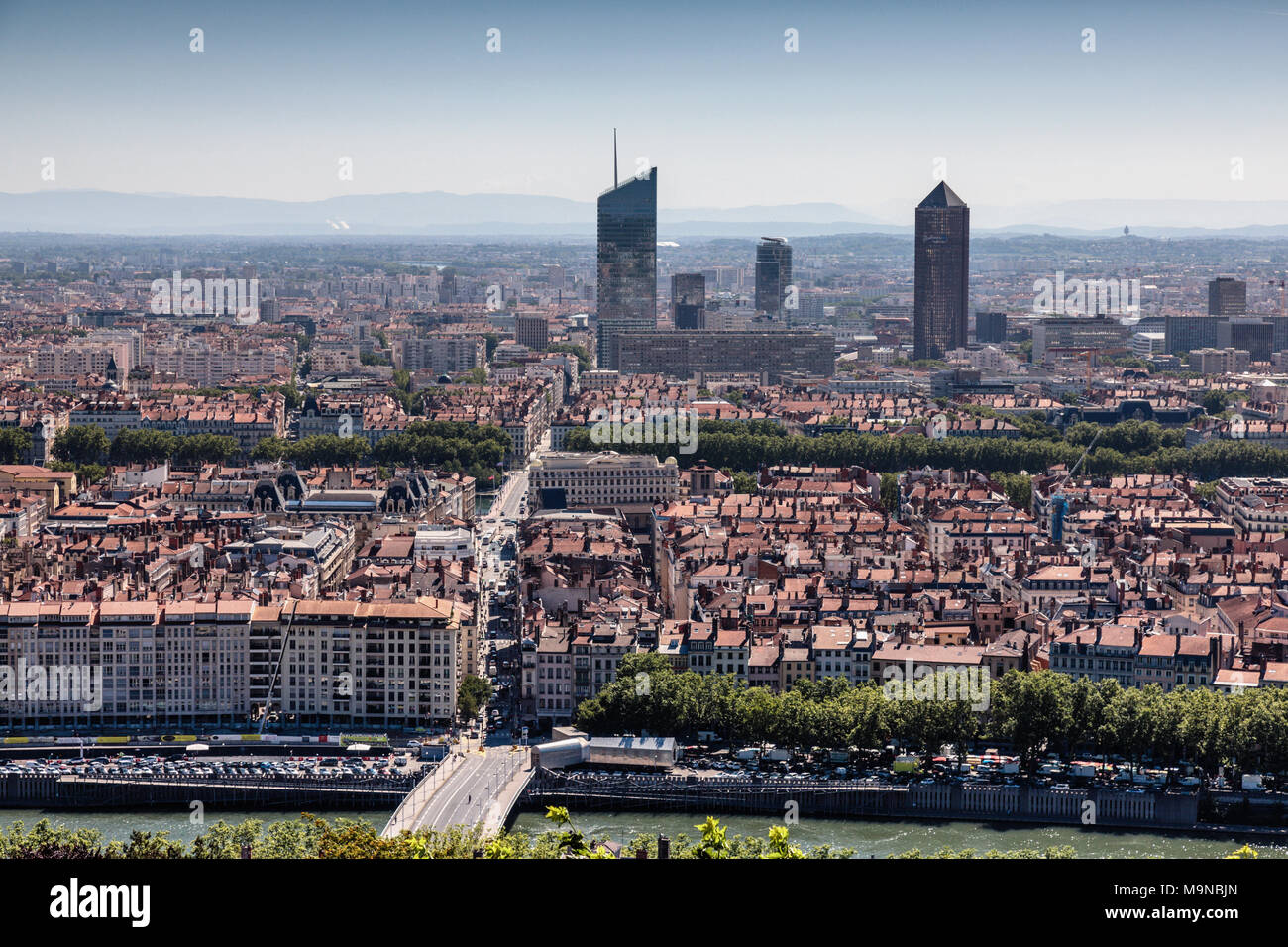 View of Lyon city centre from La Basilique Notre Dame de Fourvière, Lyon, France Stock Photo
