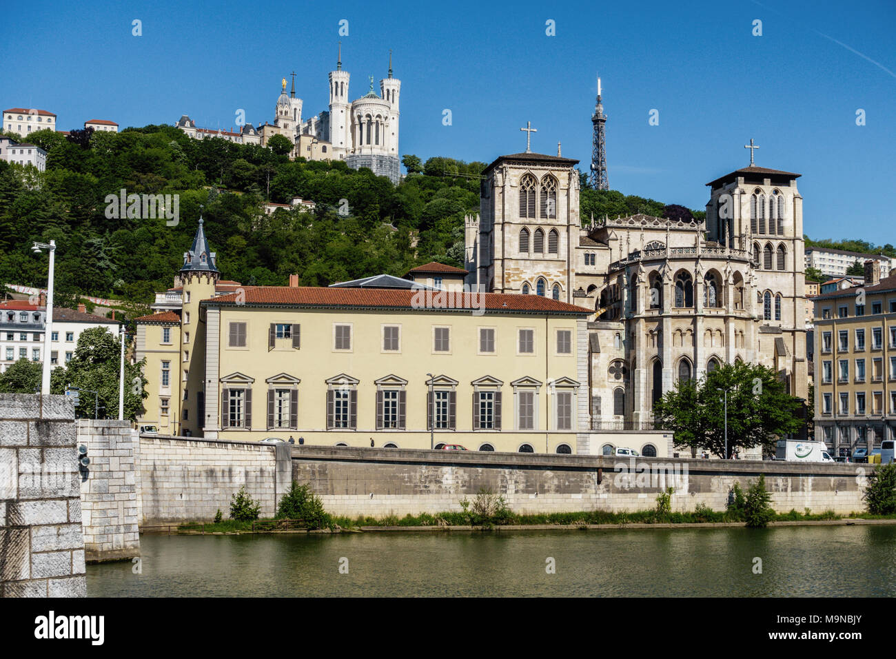view of the Old Town, also known as “Vieux-Lyon”, from the river Saone, Lyon, France Stock Photo