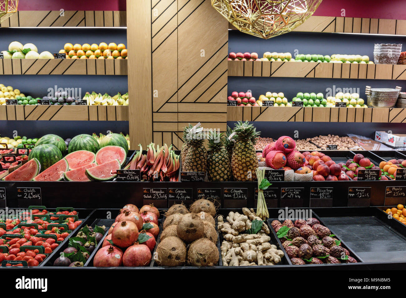 A very neat fruit & veg stall in the Les Halles de Lyon Paul Bocuse, the food market of Lyon, France Stock Photo