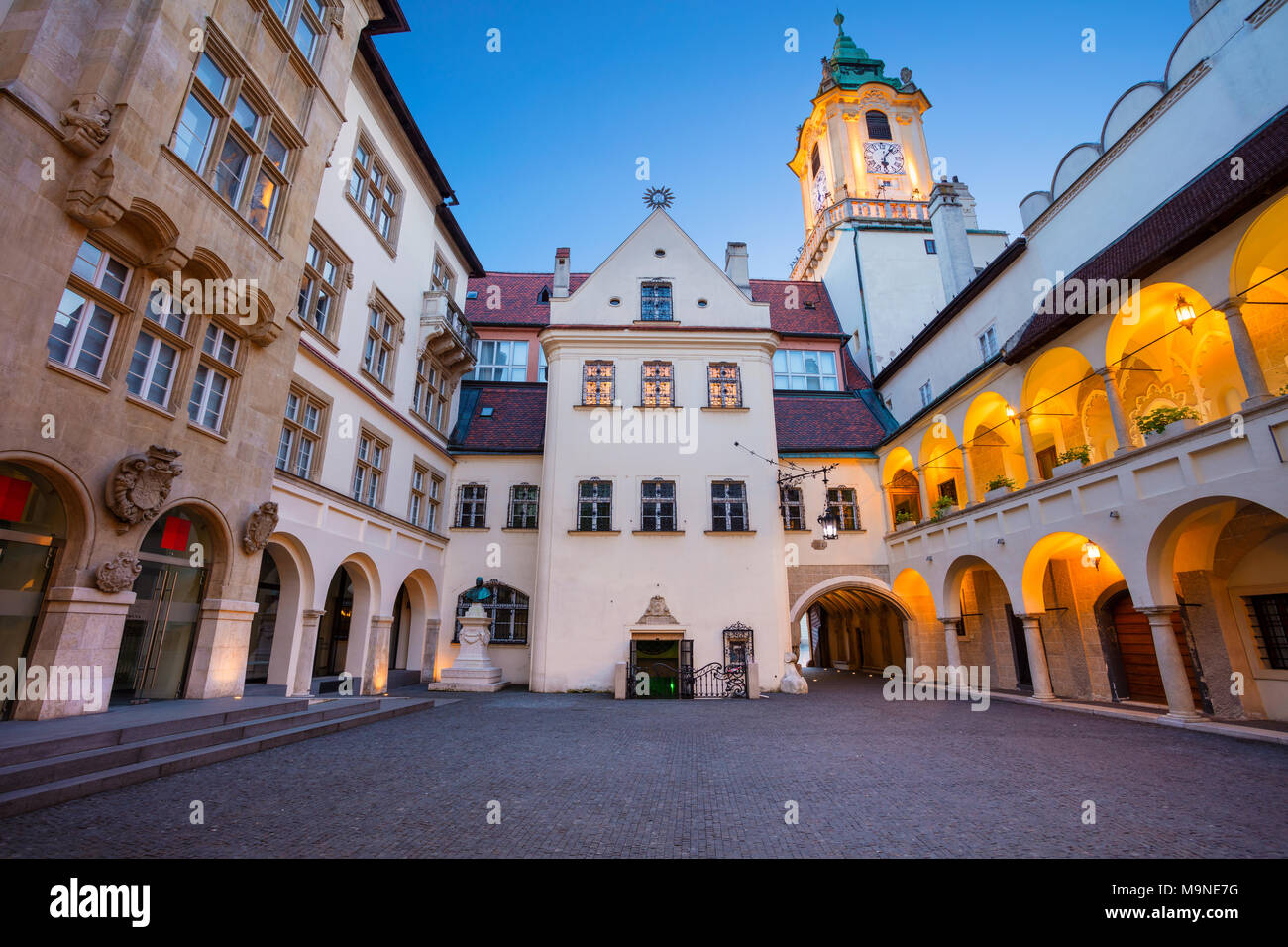 Old Town Hall in Bratislava. Image of Town Hall Buildings and Clock Tower of Main City Square in Old Town Bratislava, Slovakia. Stock Photo