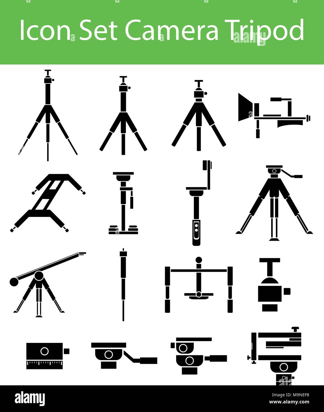 Icon Set Camera Tripod with 16 icons for the creative use in graphic design Stock Vector