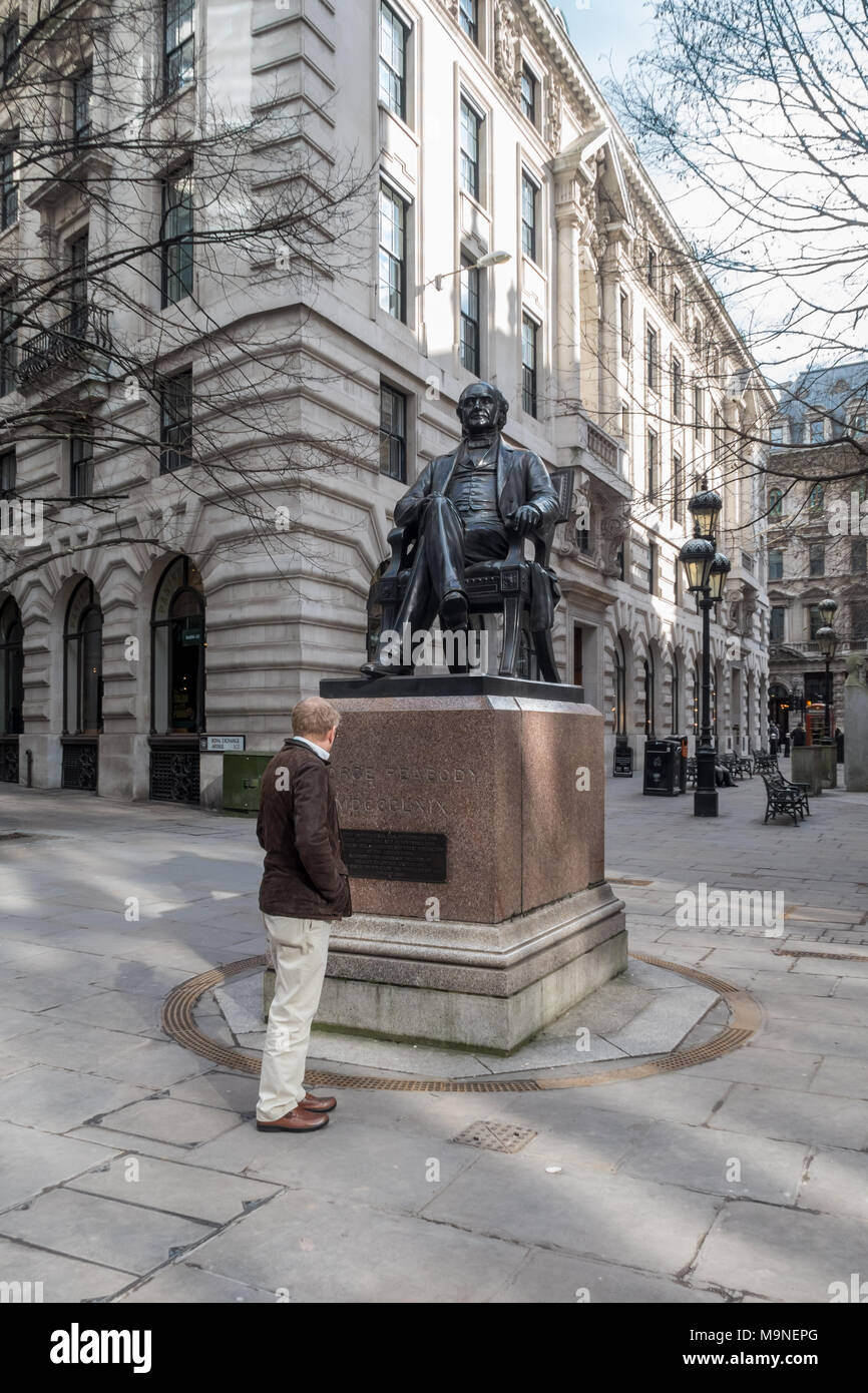 A statue by William Wetmore Story of George Peabody (1795 to 1869), entrepreneur, philanthropist and founder of the Peabody Trust housing association. Stock Photo