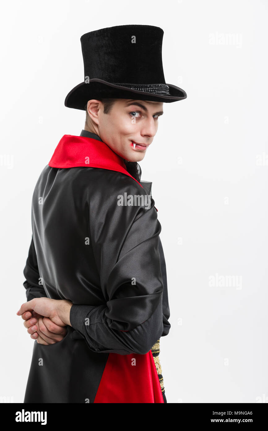 Vampire Halloween Concept Portrait of back view handsome caucasian