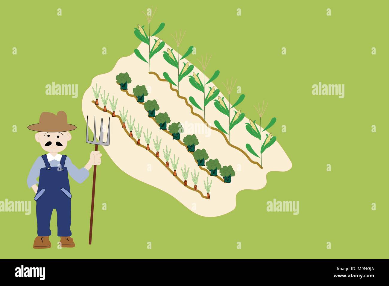 Illustrated farmer in coveralls holding pitchfork next to garden vegetable patch. Stock Vector