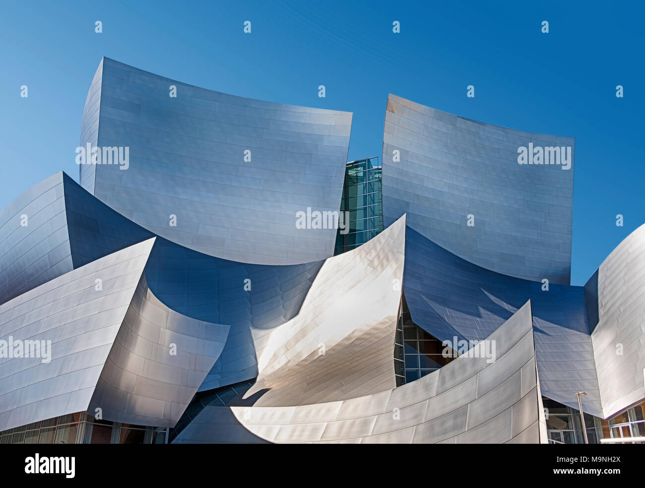 LOS ANGELES, USA - SEPTEMBER 25, 2017: The majestic front facade of the Walt Disney Philharmonic Hall in Los Angeles highlights the architecture. Stock Photo