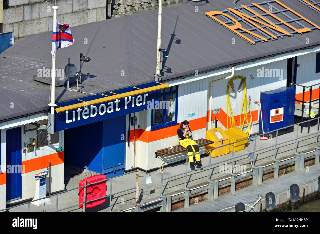 London, England, UK. RNLI Tower Lifeboat Station on the River Thames at the Victoria Embankment by Waterloo Bridge. RNLI's busiest lifeboat station, p Stock Photo