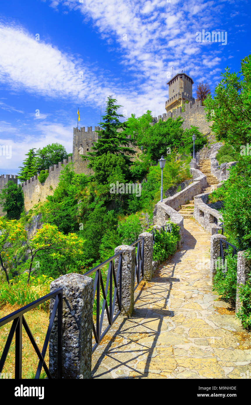 Castle of San Marino, at the top of the hill, Italy. Stock Photo