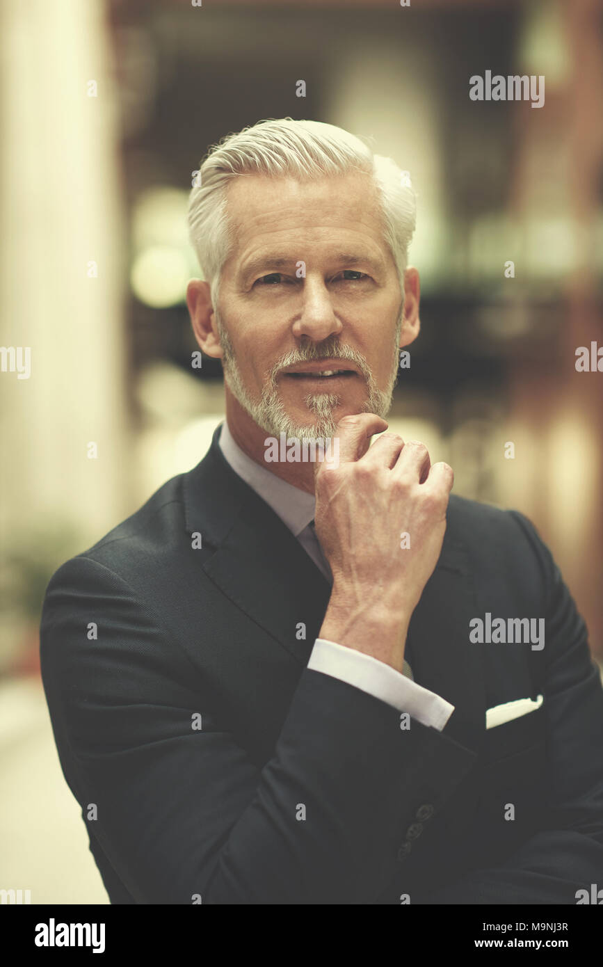 portrait of senior business man with grey beard and hair alone i modern ...