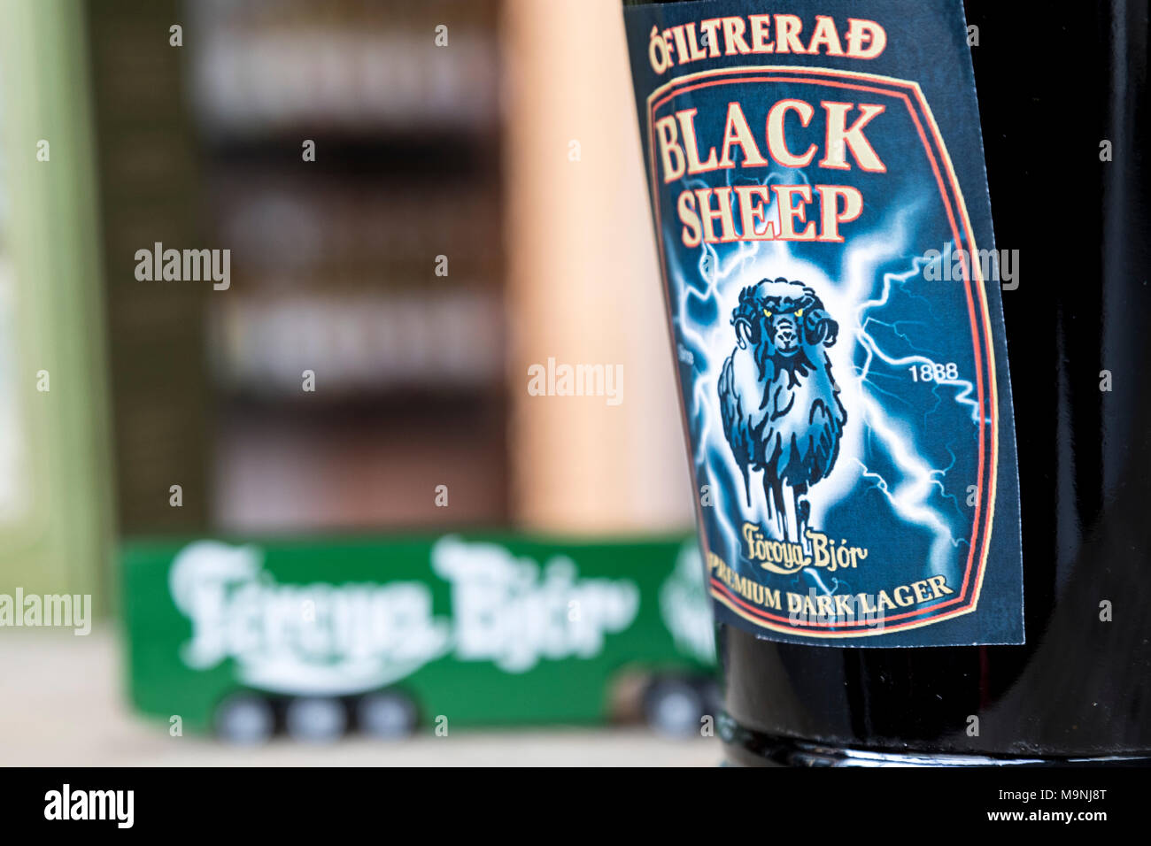 Close up of details of label on beer bottle, Foroya Bjor brewery, Klaksvik, Bordoy Island, Faroe Islands Stock Photo