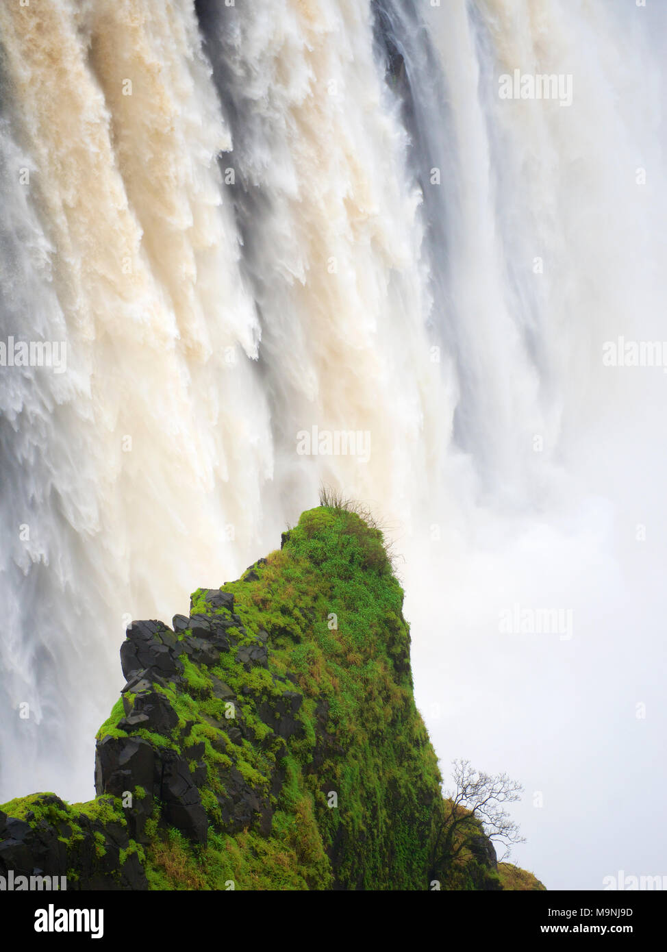 Millions of litres of Zambezi River water cascading down the Victoria Falls; Mosi-oa-Tunya, 'The Smoke that Thunders' on the Zambia Zimbabwe border Stock Photo