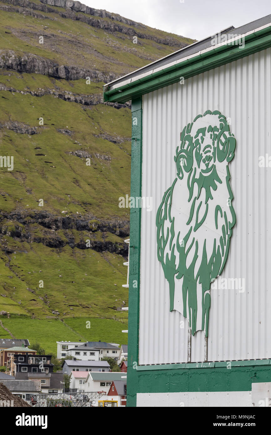The figure of a ram, symbol and trademark of the family brewery Foroya Bjor, Klaksvik, Bordoy Island, Faroe Islands Stock Photo