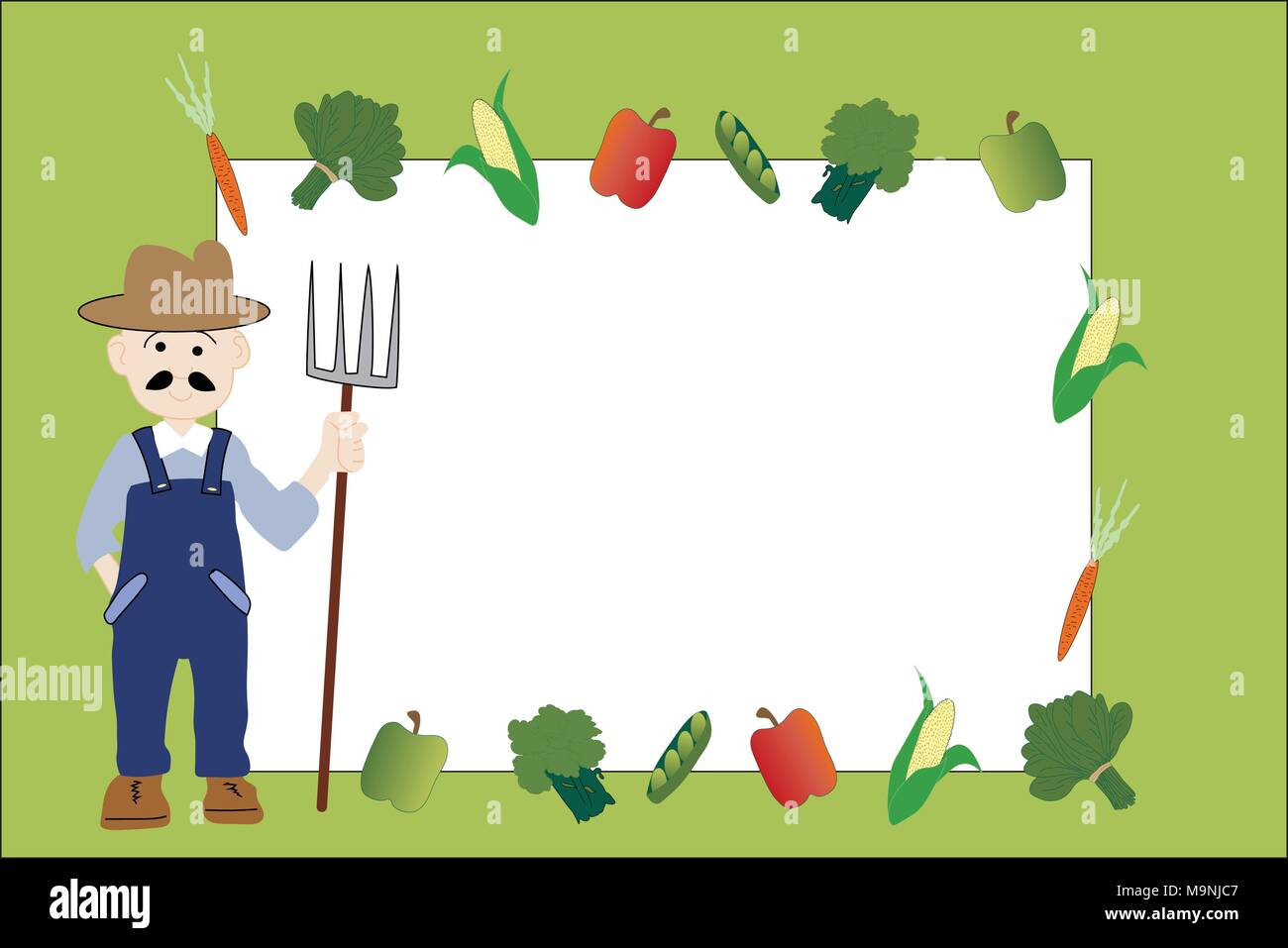 Illustrated farmer in coveralls holding pitchfork standing next to white copy space frame bordered by colorful vegetables on green background. Stock Vector