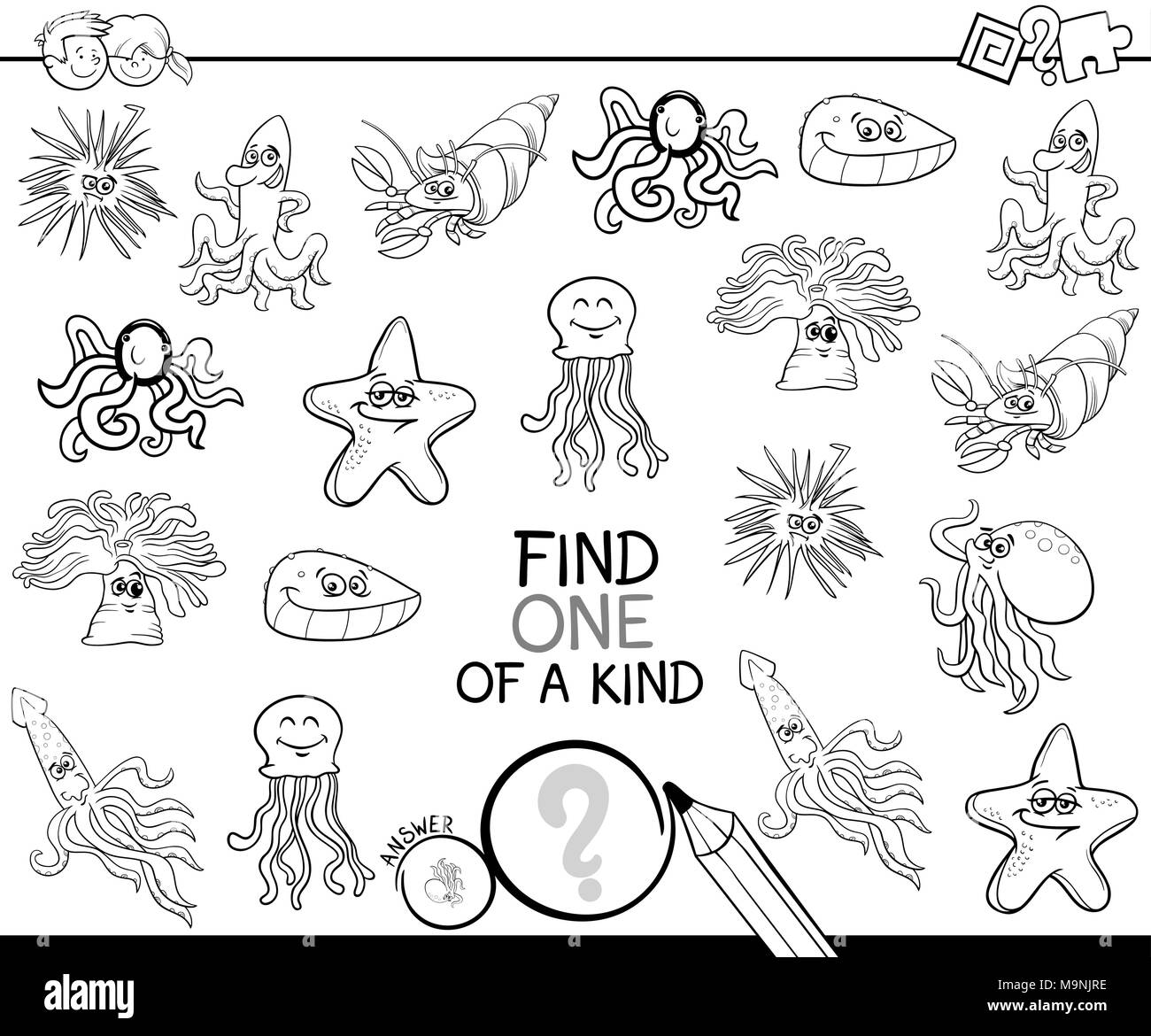 Black and White Cartoon Illustration of Find One of a Kind Picture Educational Activity Game for Kids with Sea Life Animal Characters Coloring Book Stock Vector