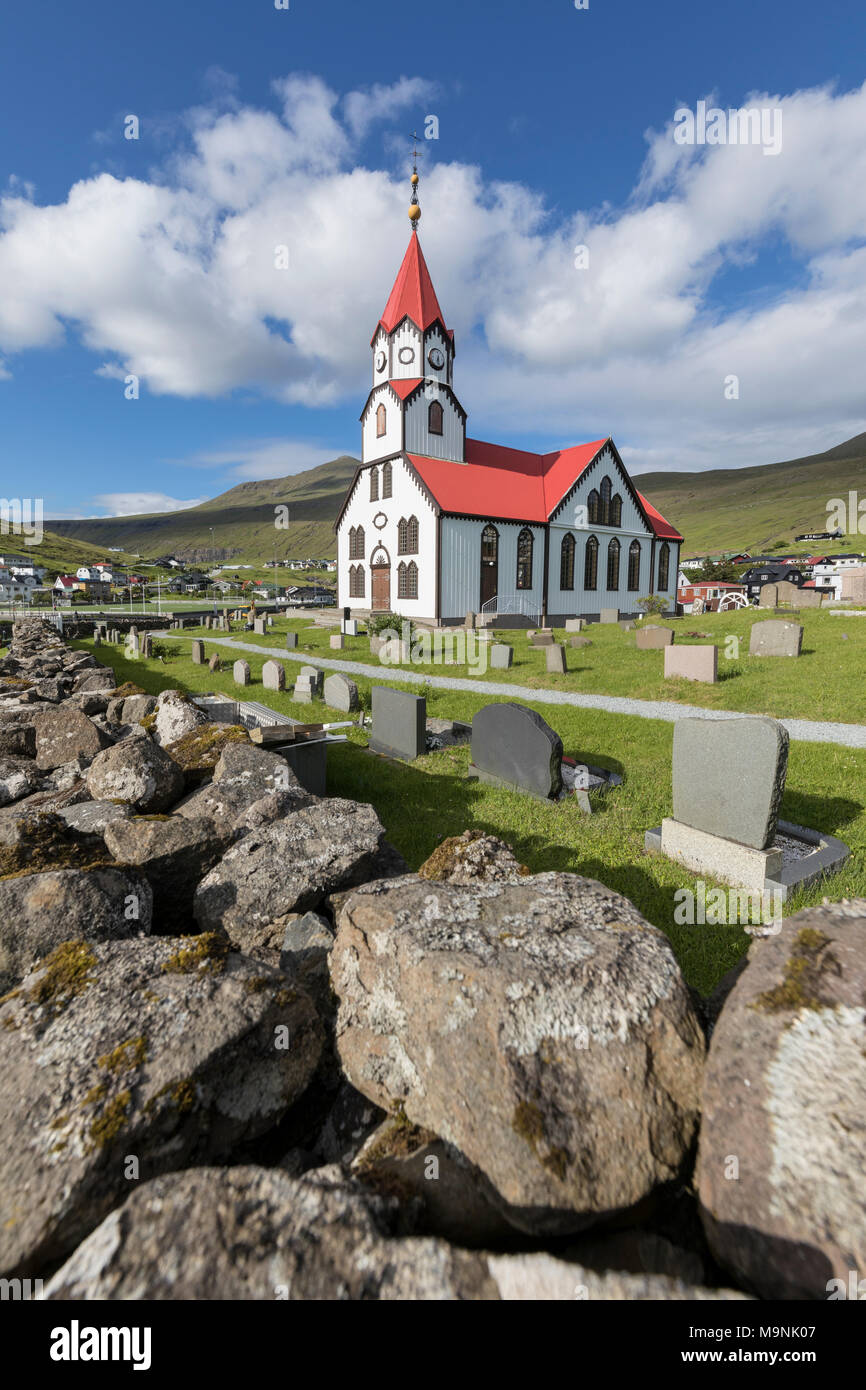 Church and cemetery in Sandavagur, Vagar Island, Faroe Islands Stock Photo