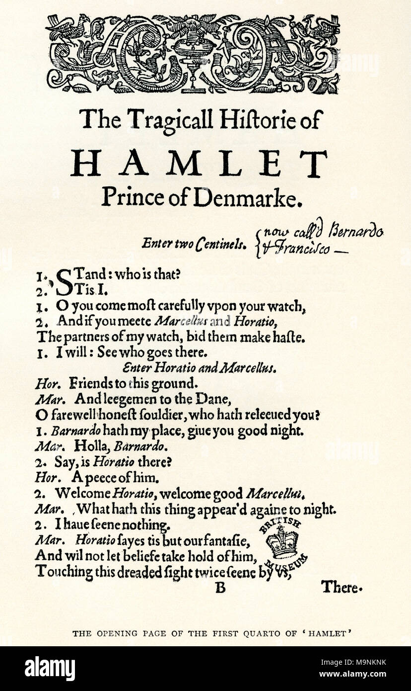 After the opening page of the first cuarto of Shaekspeare's play Hamlet.  William Shakespeare, 1564 (baptised) – 1616.  English poet, playwright and actor.  From A Life of William Shakespeare, published 1908. Stock Photo