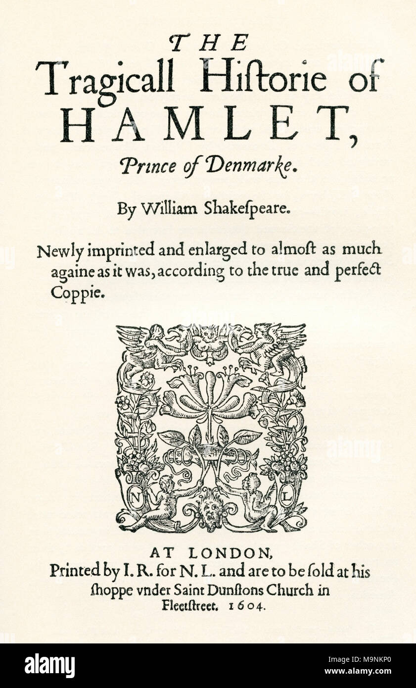 After the title-page of the second cuarto of Shaekspeare's play Hamlet. William Shakespeare, 1564 (baptised) – 1616.  English poet, playwright and actor.  From A Life of William Shakespeare, published 1908. Stock Photo