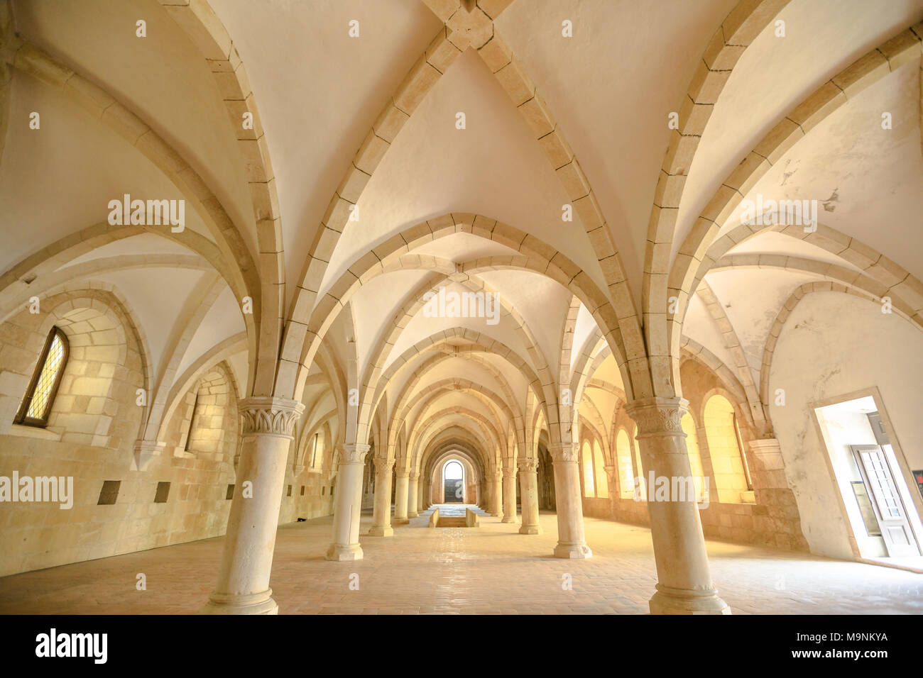 Alcobaca, Portugal - August 15, 2017: The dormitory, a big gothic room where the monks slept together, inside Monastery of Alcobaca. Unesco Heritage. Architecture background. Famous place in Portugal. Stock Photo