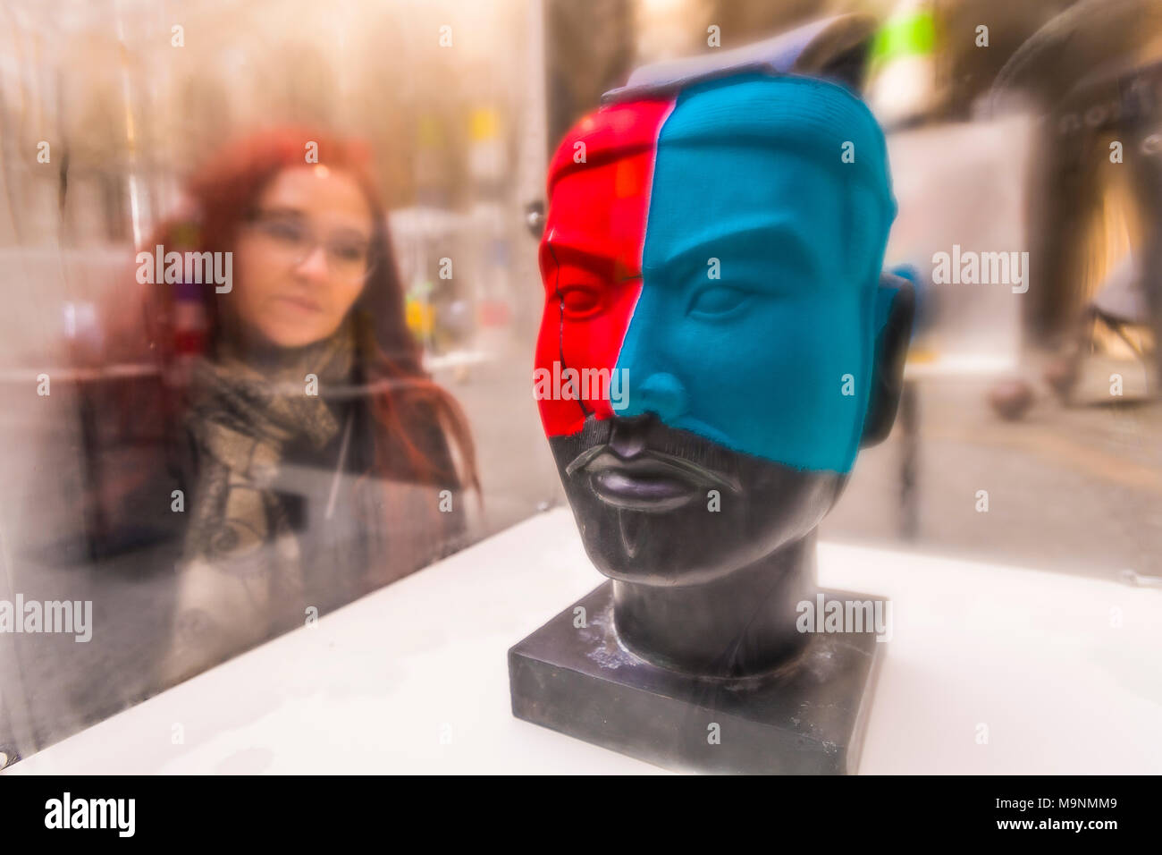 Italy Piedmont Turin Old City - Via Po -Palazzo dell'Università during the exhibition of the Project by Zhang Hongmei entitled Urban Colors + Xi'an warriors Stock Photo