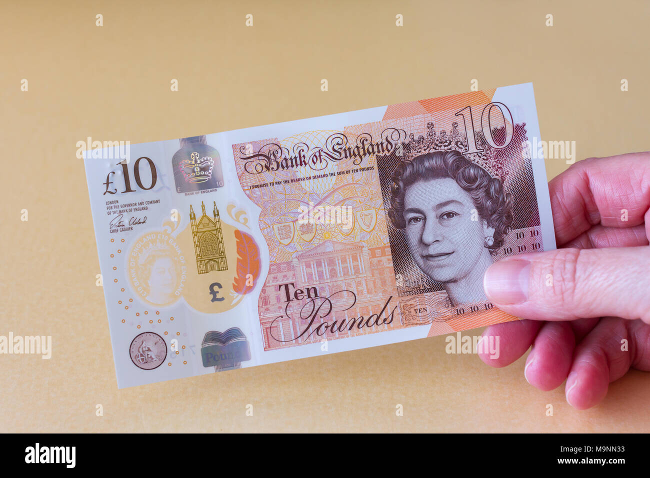 2017 new plastic polymer British sterling ten pound note, UK Stock Photo