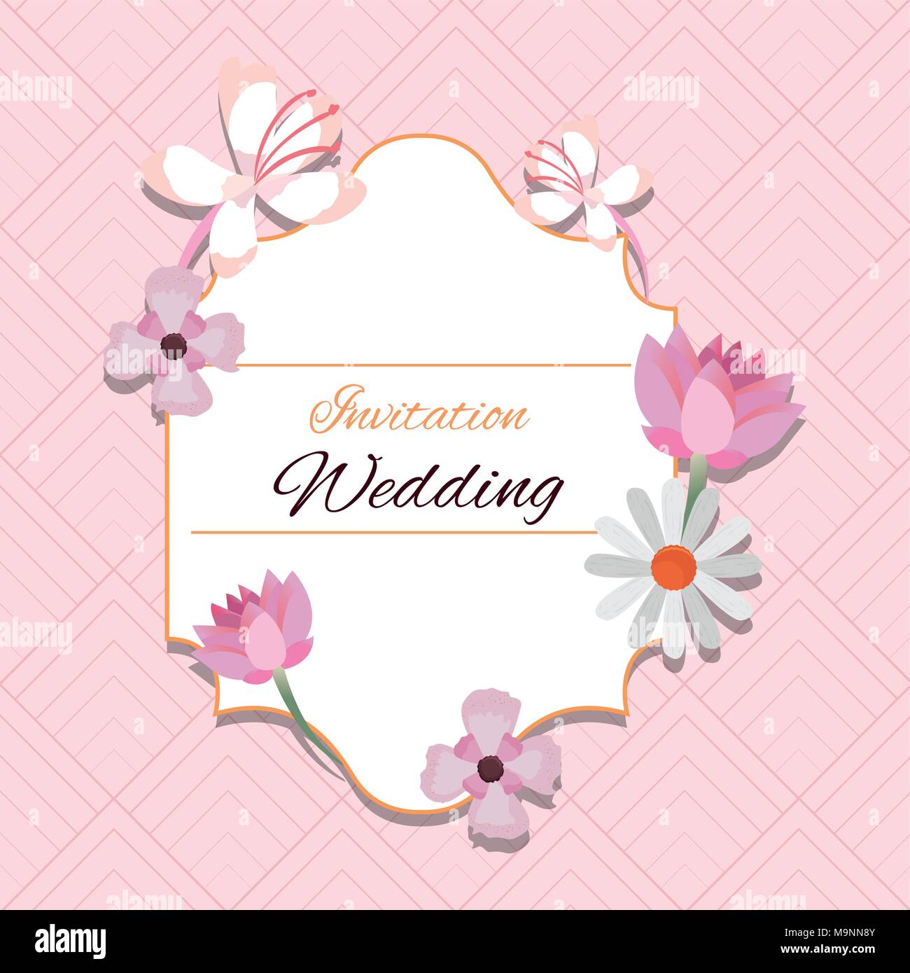 floral wedding invitation design with beautiful flowers and decorative frame over pink background, colorful design. vector illustration Stock Vector