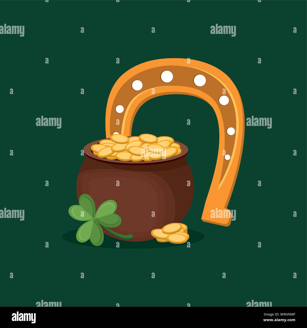 pot of gold with horseshoe and clover over green background, colorful ...