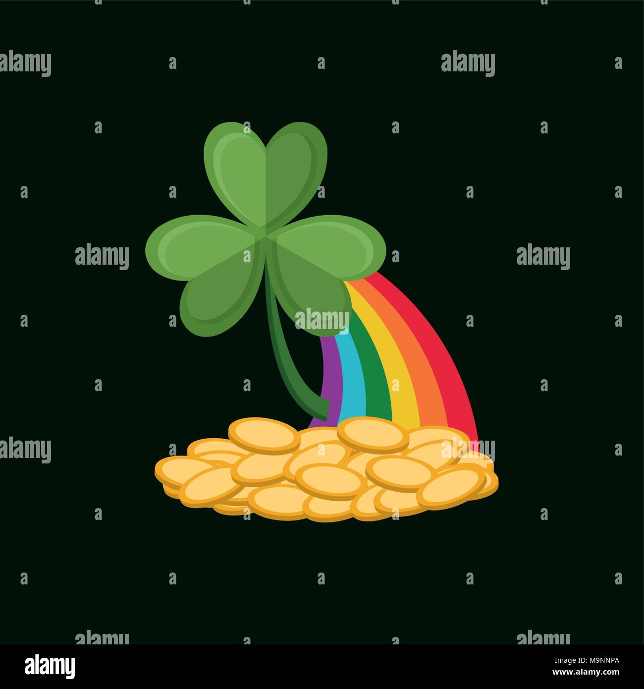 clover with rainbow and golden coins over black background, colorful ...