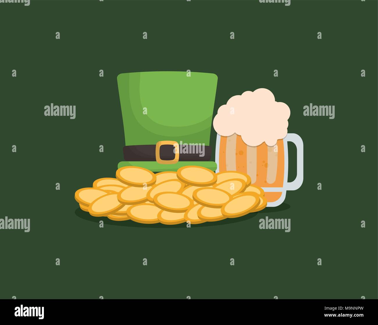 irish top hat with beer jar and coins over green background, colorful design. vector illustration Stock Vector