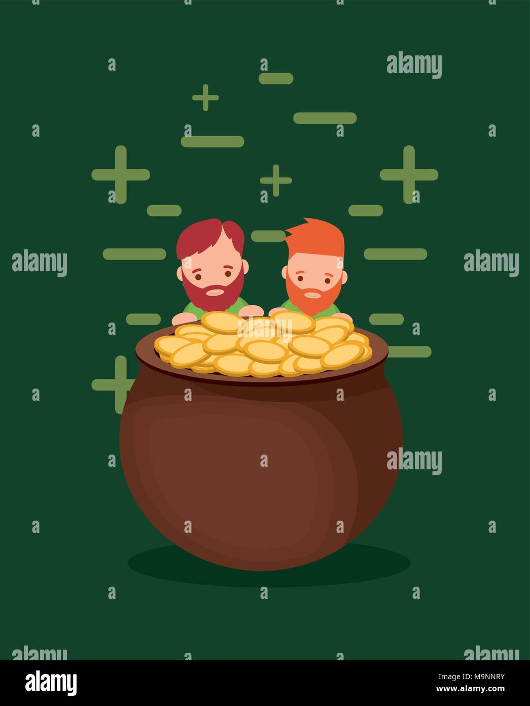 pot of gold with irish leprechauns over green background, colorful design. vector illustration