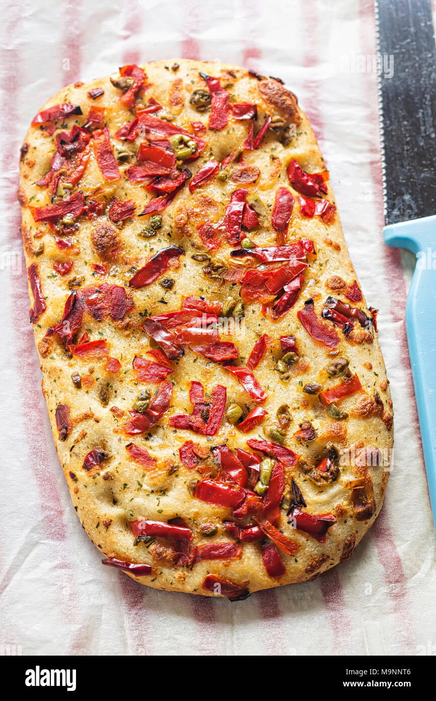 Foccacia with red peppers and olives Stock Photo Alamy