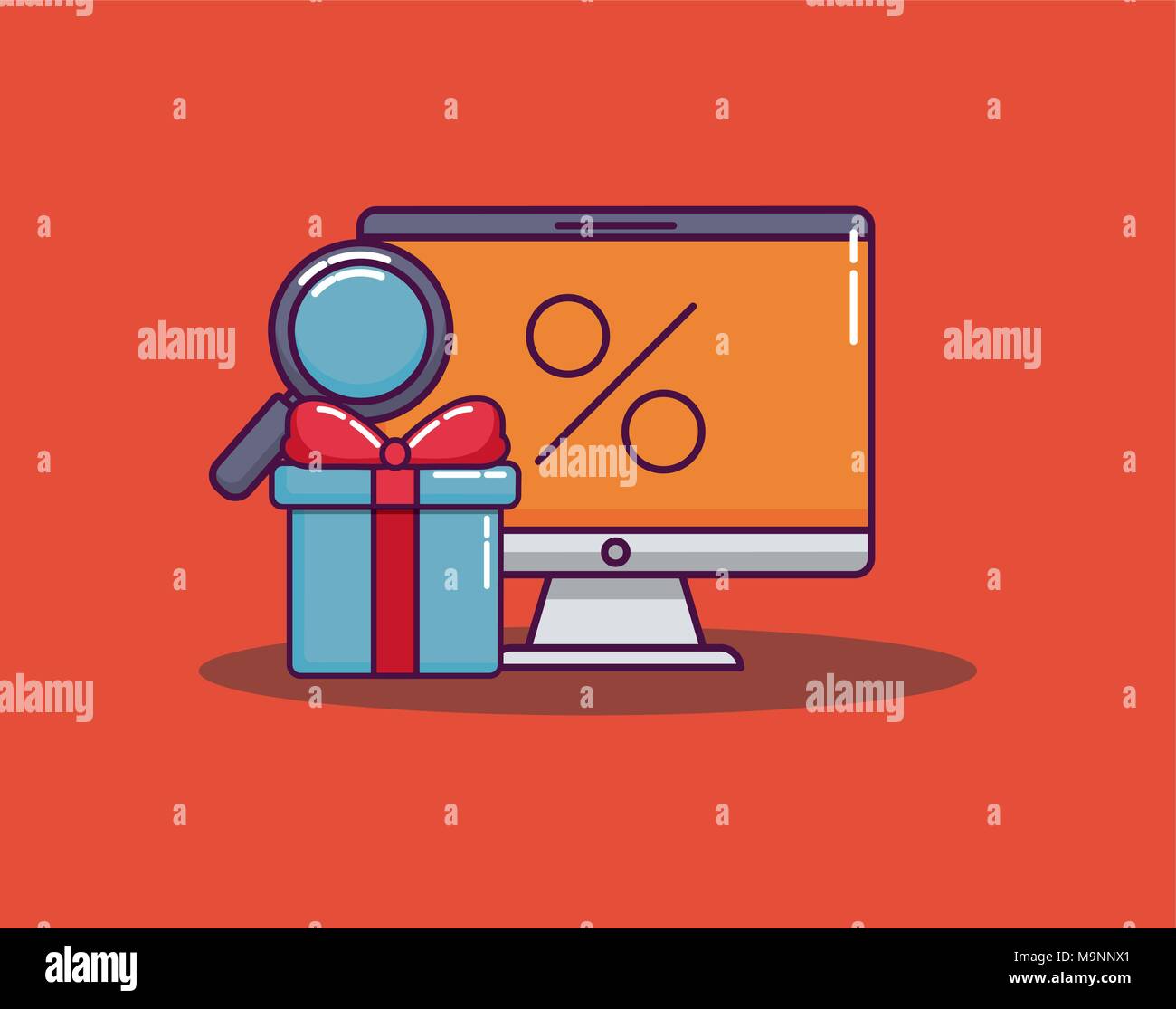 computer and gift box with magnifying glass over red background