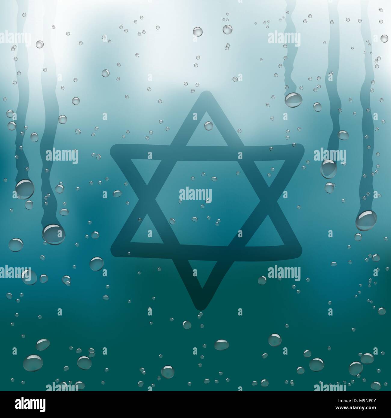 Finger draw star of David sign on rain blue background. Water hand writing religious symbol on glass surface Stock Vector