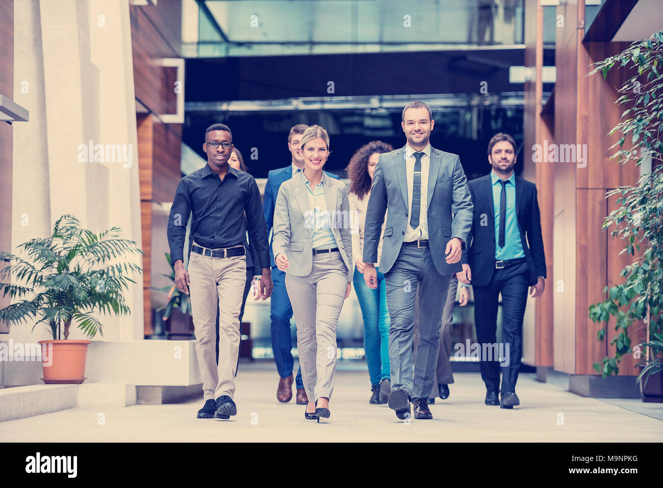 young multi ethnic business people group walking standing and top view ...