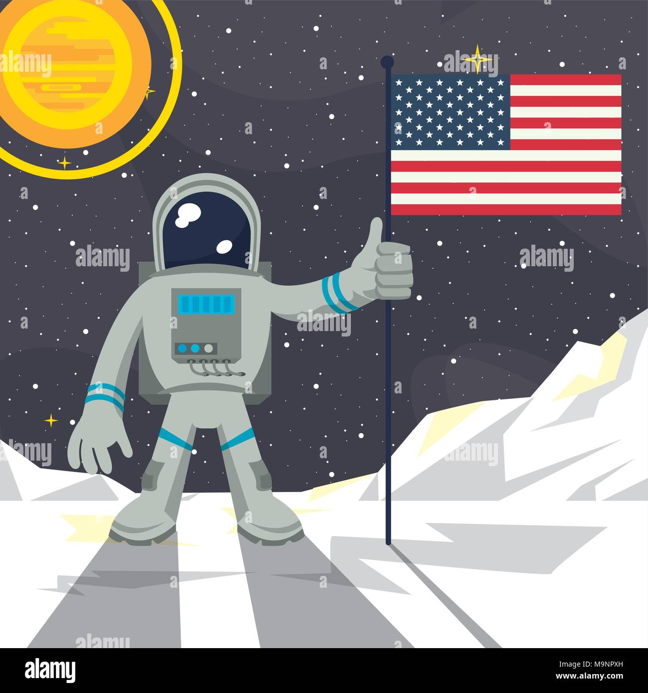 Astronaut in the moon nailing USA flag Stock Vector