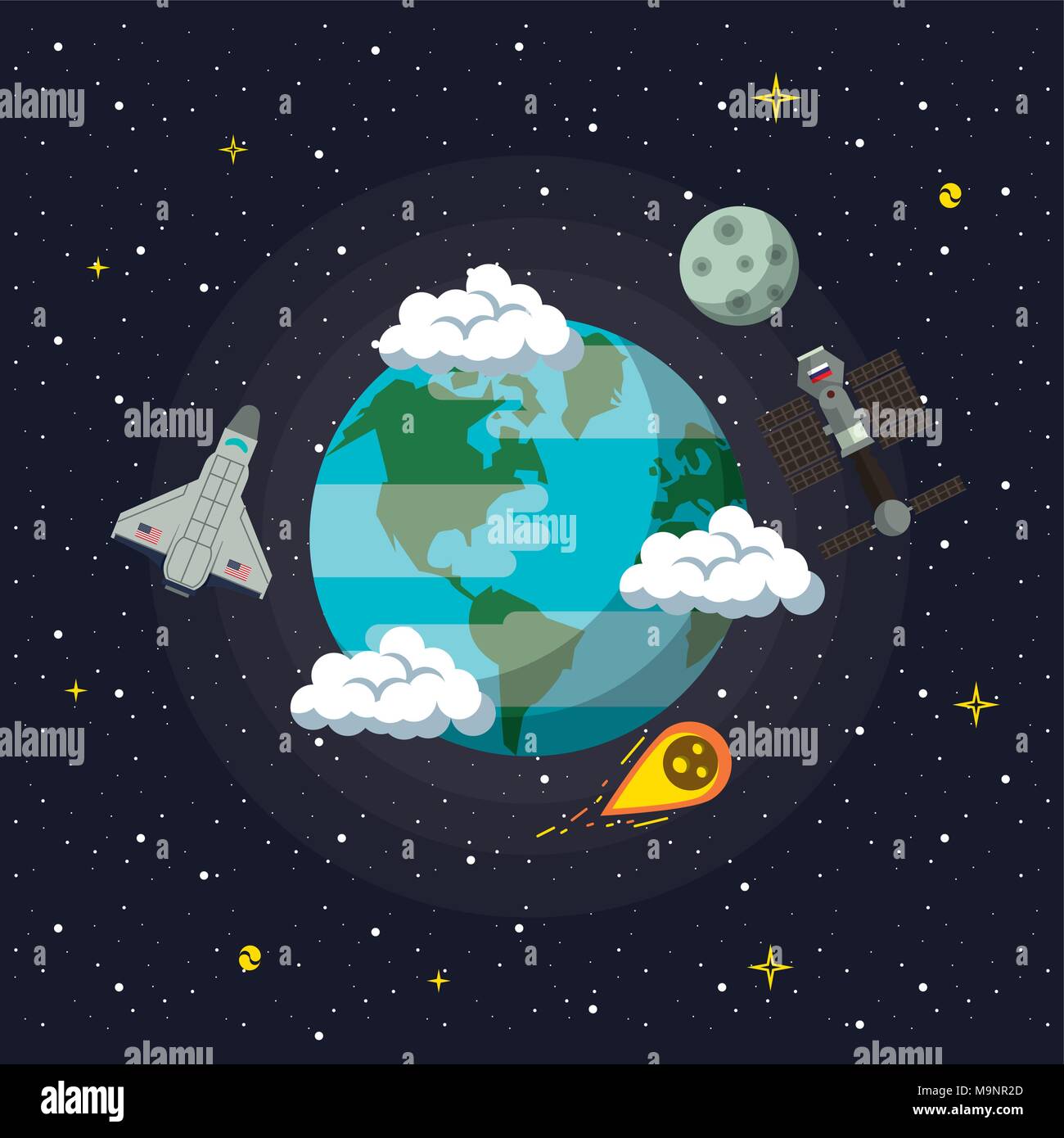 Spaceship flying around earth Stock Vector